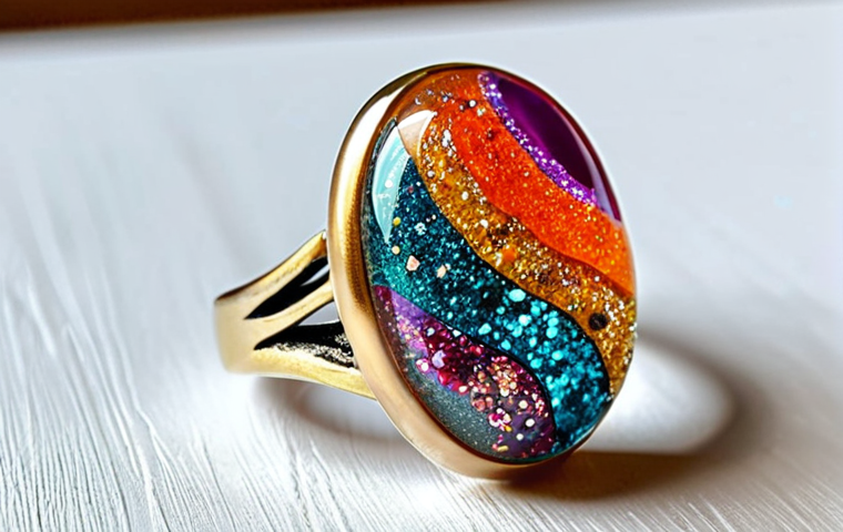 **A vibrant resin art ring with mixed colors and embedded glitter, showcasing unique design.** (Focus: Close-up of a ring to highlight detail and color combinations).