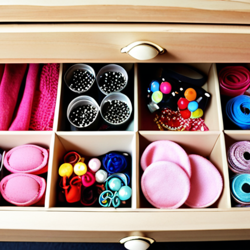 **A brightly lit and organized drawer filled with hair accessories.** The drawer is divided into compartments with hair clips, hairbands, and scarves neatly arranged. Consider adding small containers or cardboard dividers for a tidy look.