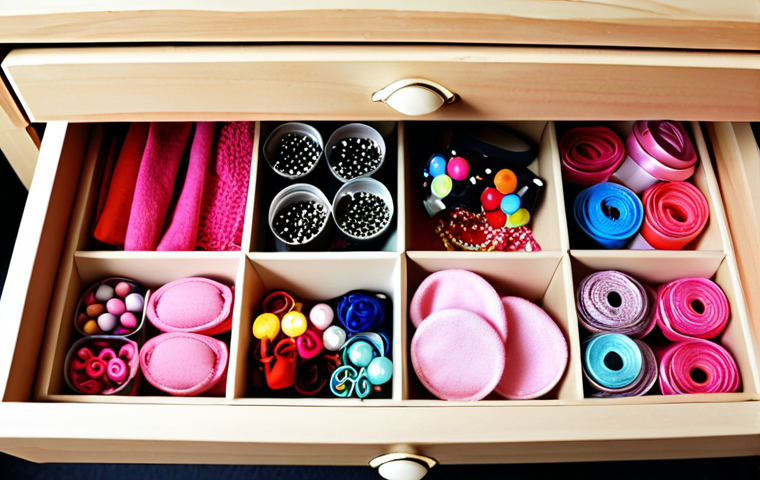 **A brightly lit and organized drawer filled with hair accessories.** The drawer is divided into compartments with hair clips, hairbands, and scarves neatly arranged. Consider adding small containers or cardboard dividers for a tidy look.