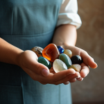 A contemplative professional woman, fully clothed in modest, elegant attire, gracefully holding a collection of natural, raw and polished gemstones in her open palms. The setting is a soft, warm-lit studio with a blurred background suggesting earthy textures and ancient craftsmanship. The image captures a sense of timeless beauty and appreciation for nature's art. Perfect anatomy, correct proportions, natural pose, well-formed hands, proper finger count, natural body proportions, professional photography, high quality, safe for work, appropriate content, family-friendly.