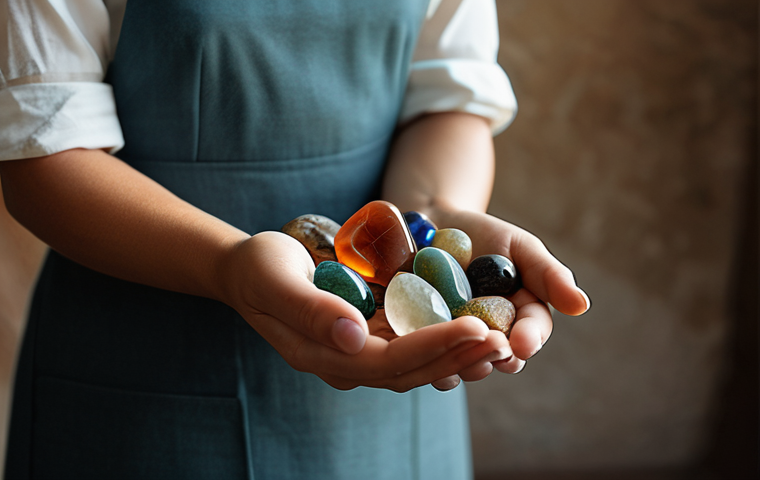 A contemplative professional woman, fully clothed in modest, elegant attire, gracefully holding a collection of natural, raw and polished gemstones in her open palms. The setting is a soft, warm-lit studio with a blurred background suggesting earthy textures and ancient craftsmanship. The image captures a sense of timeless beauty and appreciation for nature's art. Perfect anatomy, correct proportions, natural pose, well-formed hands, proper finger count, natural body proportions, professional photography, high quality, safe for work, appropriate content, family-friendly.