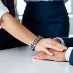 A professional man and woman, fully clothed in modest business attire, are seated at a modern office desk. Their hands, both adorned with matching, elegant stainless steel couple bracelets, are gently resting on the table, subtly conveying a sense of connection. The background features a blurred, well-lit contemporary office environment with soft natural light. Perfect anatomy, correct proportions, natural pose, well-formed hands, proper finger count. Professional photography, high-quality, safe for work, appropriate content, fully clothed, modest clothing, professional dress, family-friendly.