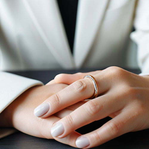 **Prompt:** A close-up shot of a professional woman's hand, elegantly displaying a radiant birthstone ring on her ring finger. She is fully clothed in a modest, professional business suit, with a subtle cuff visible. The background is a softly blurred, brightly lit modern office environment, emphasizing natural daylight. The image highlights the ring's beauty and the subject's refined style, focusing on identity and personal connection. Perfect anatomy, correct proportions, natural pose, well-formed hands, proper finger count, natural body proportions. Professional photography, high quality, sharp focus, clean aesthetic, safe for work, appropriate content, fully clothed, professional.