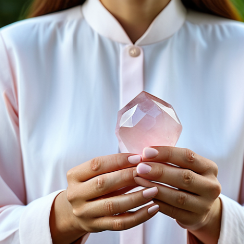 Woman with Rose Quartz**

"A serene woman, fully clothed in modest, flowing attire, holding a Rose Quartz crystal. Soft, diffused lighting, peaceful environment with gentle natural elements. Perfect anatomy, correct proportions, well-formed hands. Safe for work, appropriate content, family-friendly."

**