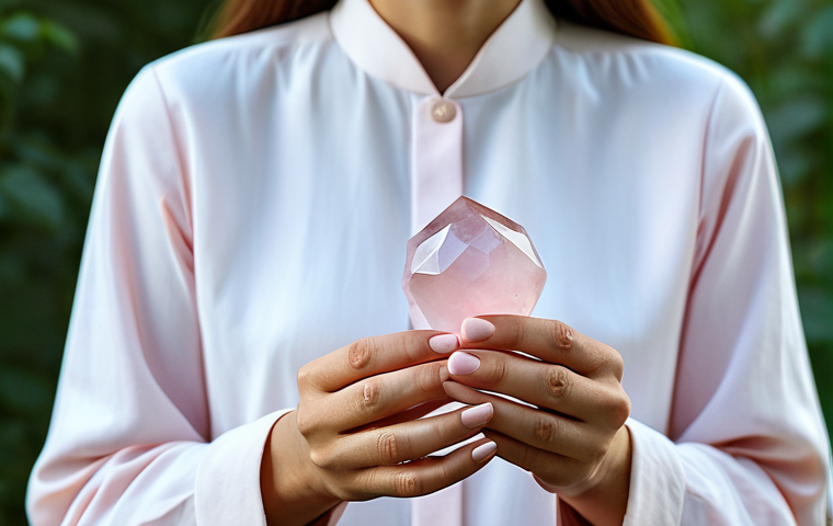 Woman with Rose Quartz**
"A serene woman, fully clothed in modest, flowing attire, holding a Rose Quartz crystal. Soft, diffused lighting, peaceful environment with gentle natural elements. Perfect anatomy, correct proportions, well-formed hands. Safe for work, appropriate content, family-friendly."
**