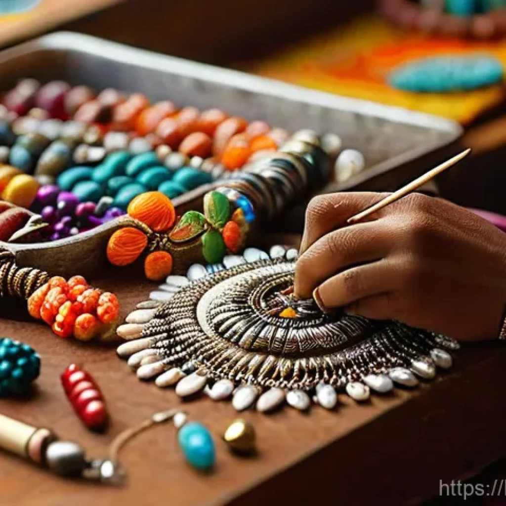 컬러풀 비즈 쥬얼리 DIY - **Prompt: A close-up, warm-toned photograph capturing a female artisan's hands meticulously crafting...