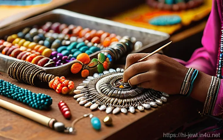 컬러풀 비즈 쥬얼리 DIY - **Prompt: A close-up, warm-toned photograph capturing a female artisan's hands meticulously crafting...