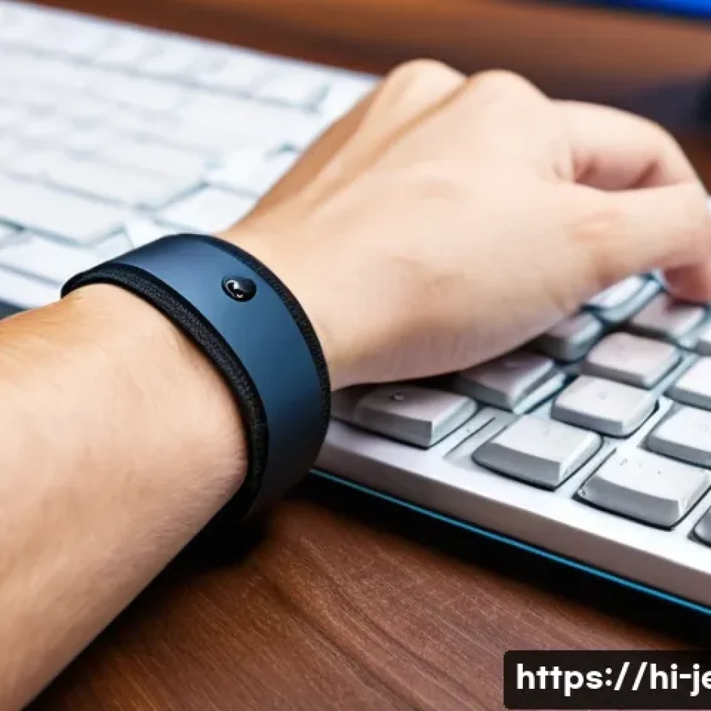 손목 보호용 액세서리 추천 - A close-up image of a person’s wrist wearing a durable nylon wrist band, designed for ergonomic supp...