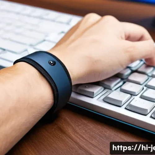손목 보호용 액세서리 추천 - A close-up image of a person’s wrist wearing a durable nylon wrist band, designed for ergonomic supp...