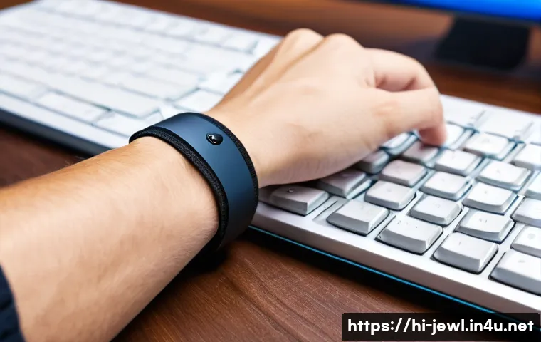 손목 보호용 액세서리 추천 - A close-up image of a person’s wrist wearing a durable nylon wrist band, designed for ergonomic supp...