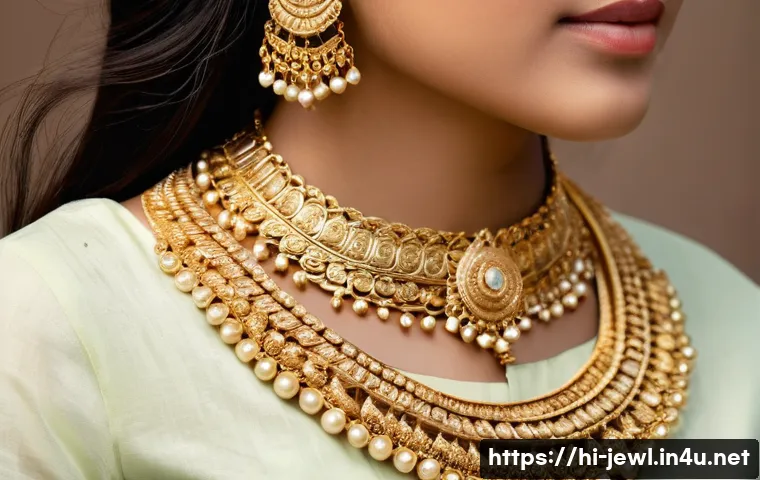 가성비 좋은 골드 도금 목걸이 - A close-up shot of a stylish young Indian woman wearing layered gold plated necklaces with intricate...