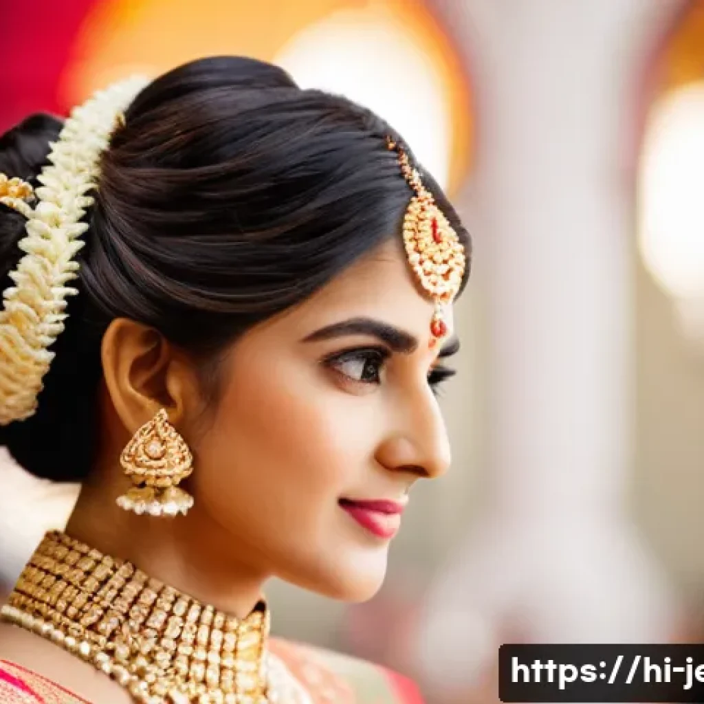 웨딩용 헤어핀 스타일링 - A traditional Indian bride with thick, wavy black hair styled in an elegant bun adorned with pearl a...