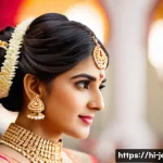 Home 22 웨딩용 헤어핀 스타일링 - A traditional Indian bride with thick, wavy black hair styled in an elegant bun adorned with pearl a...