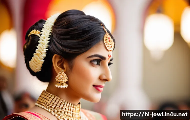 웨딩용 헤어핀 스타일링 - A traditional Indian bride with thick, wavy black hair styled in an elegant bun adorned with pearl a...