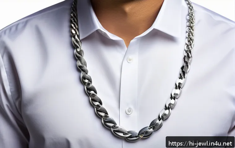 실버 체인 목걸이 추천 - A sophisticated, close-up image of a classic robust silver chain necklace worn over a crisp white fo...