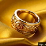 Home 19 18K와 24K 골드의 차이 - A close-up, highly detailed image of two elegant gold rings placed side by side on a rich velvet clo...
