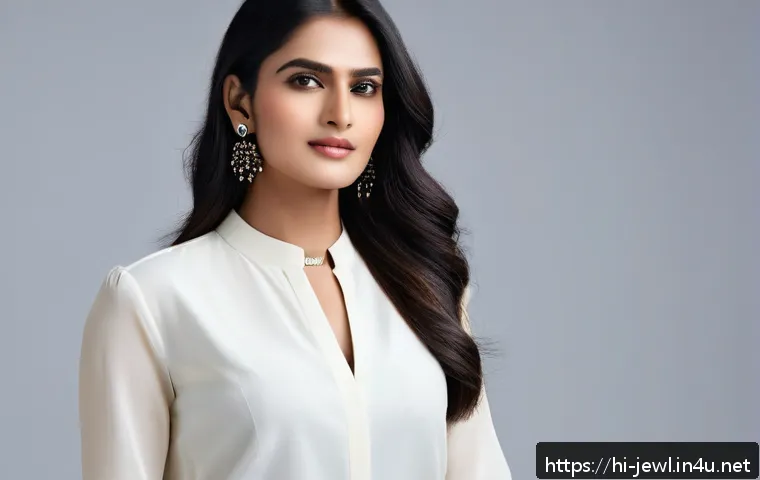 블랙 쥬얼리 스타일링 아이디어 - A stylish modern office setting featuring a professional Indian woman wearing a cream-colored off-wh...
