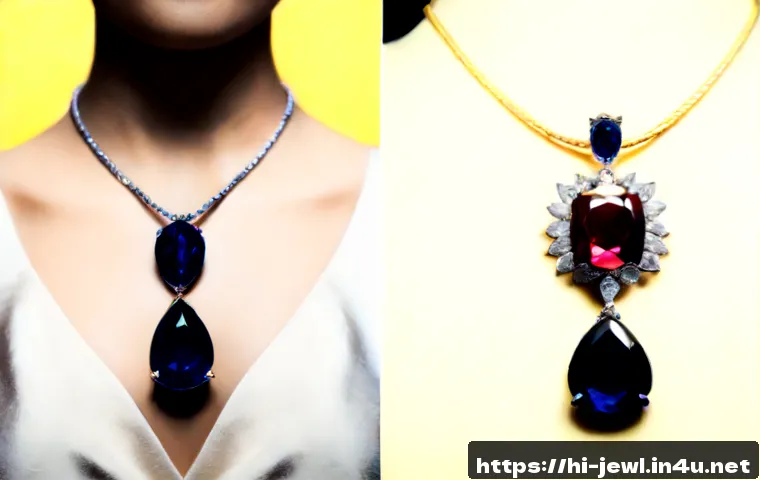 사파이어 목걸이와 루비 목걸이 비교 - Photorealistic luxury jewelry comparison scene, a deep blue sapphire pendant necklace displayed on t...